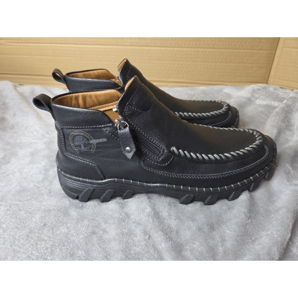 Leather Ankle Boots Moc Toe Side Zip Shoes Size 9.5 Black Driving Walking Comfy